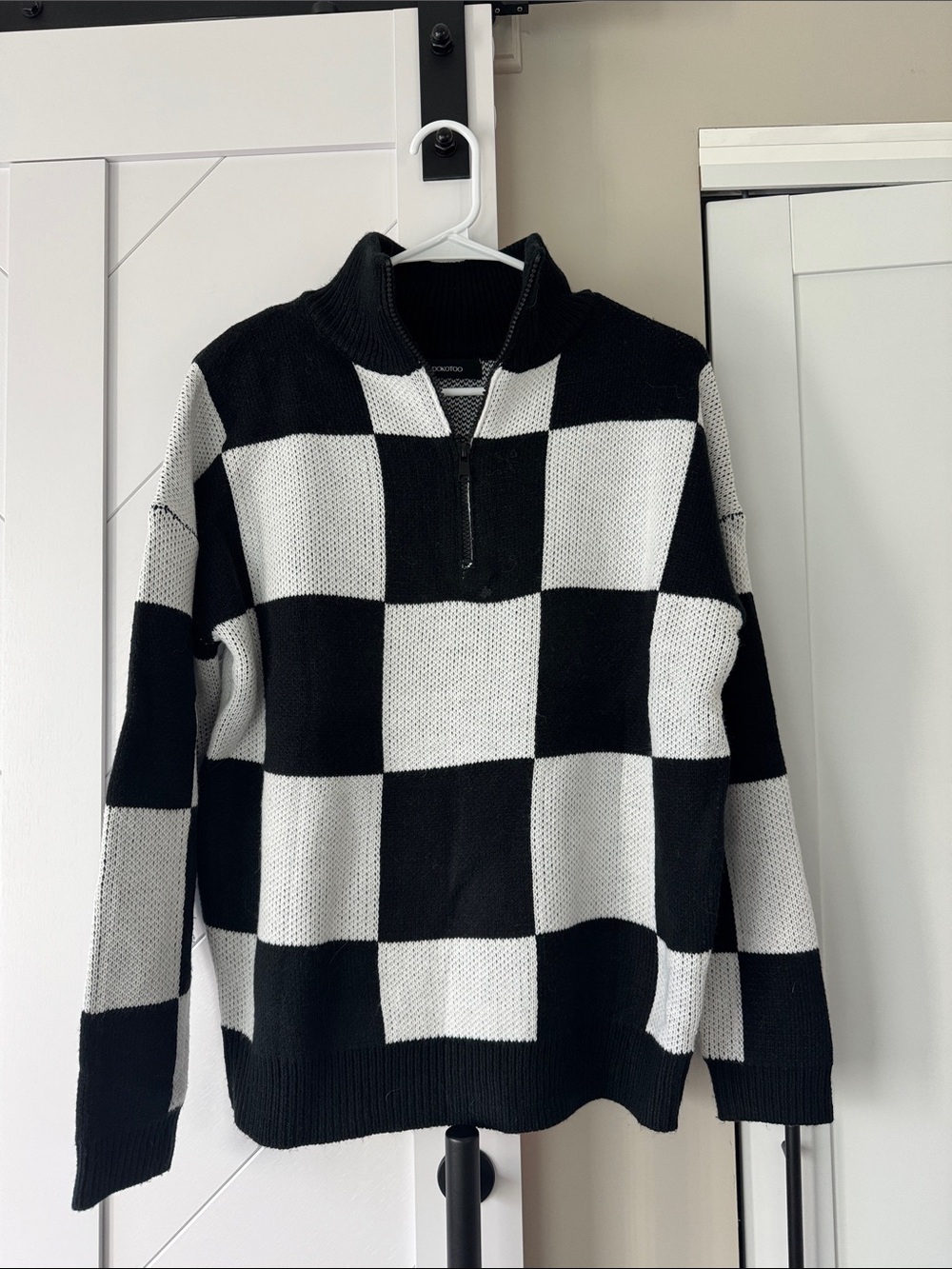 Checkerboard Half-Zip Sweater Pullover - Black & White